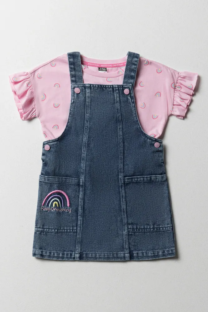 Denim Pinafore With Frill Short Sleeve T-Shirt Set Blue & Pink sold by Ackermas