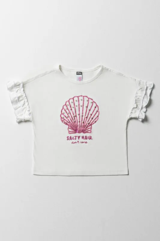 Pearl Shell Frill Sleeve T-Shirt White sold by Ackermas