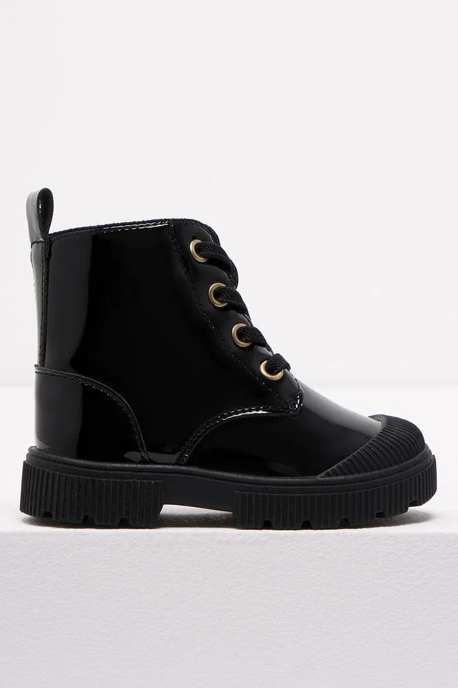 Basic Lace Up Patent Boot Black sold by Ackermas