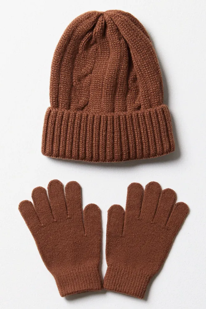 Beanie & Gloves Set Brown sold by Ackermas