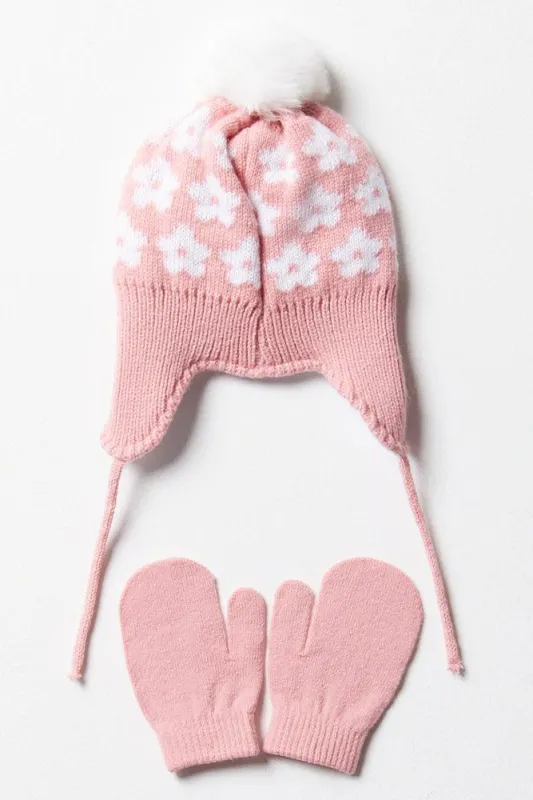 Flower Beanie & Mittens Set Pink sold by Ackermas