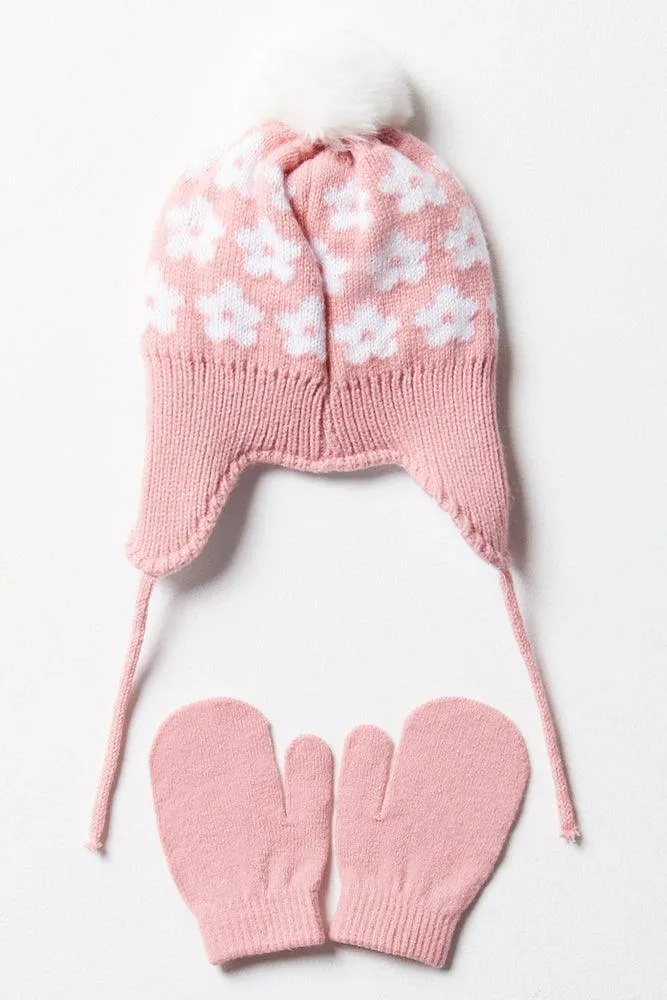 Flower Beanie & Mittens Set Pink sold by Ackermas