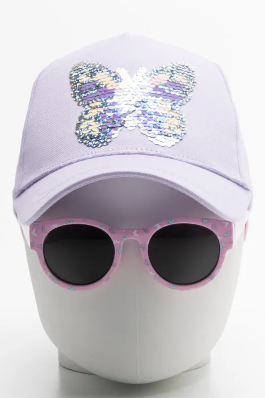 Butterfly Peak Cap And Sunglasses Set Lilac sold by Ackermas
