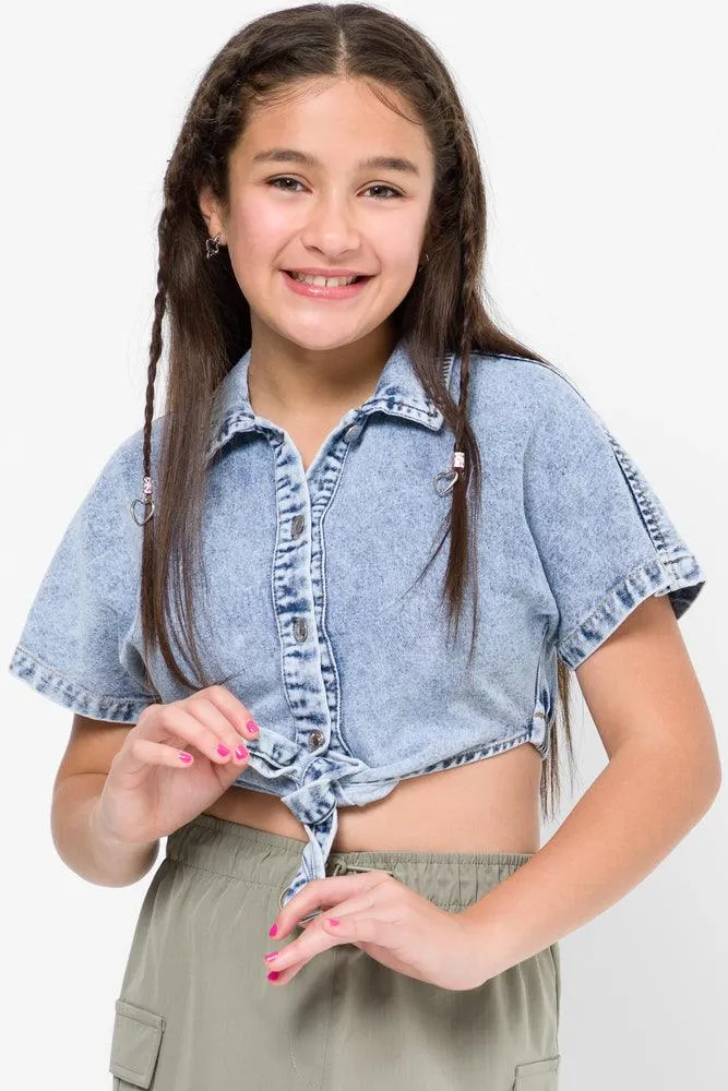 Denim Shirt With Tie Front Blue sold by Ackermas