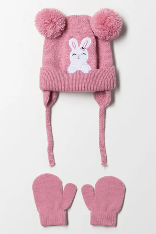 Bunny Beanie And Mittens Set Pink sold by Ackermas