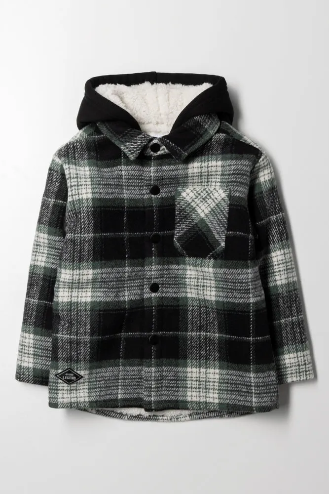 Melton Hooded Check Shacket Navy & Green sold by Ackermas