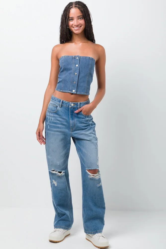 Ripped Straight Leg Denim Jeans Light Blue sold by Ackermas