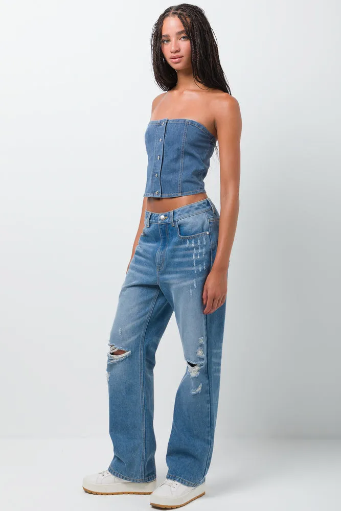 Ripped Straight Leg Denim Jeans Light Blue sold by Ackermas product image thumbnail 3