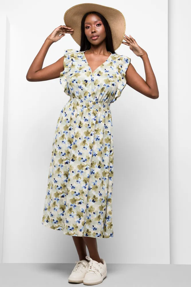 Smudge Floral Flutter Sleeve Dress Green sold by Ackermas