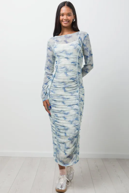 Long Sleeve Mesh Dress White & Blue sold by Ackermas