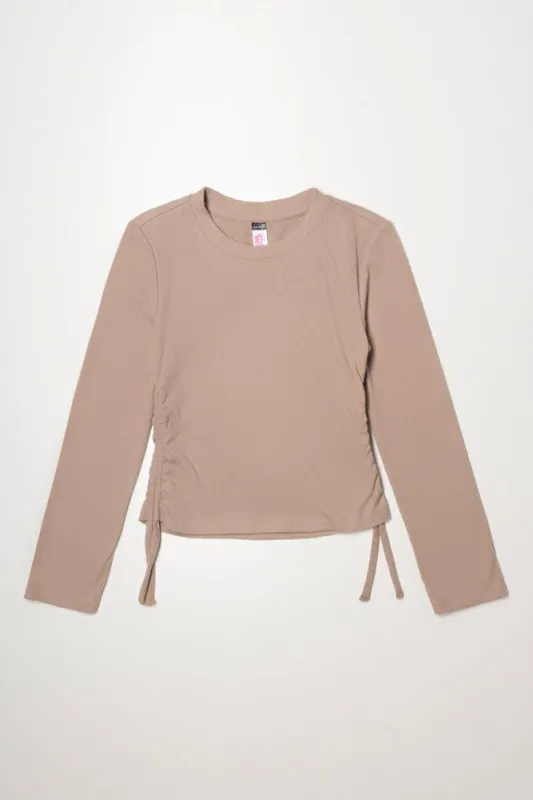 Side Ruch Crew Neck Long Sleeve Top Natural sold by Ackermas
