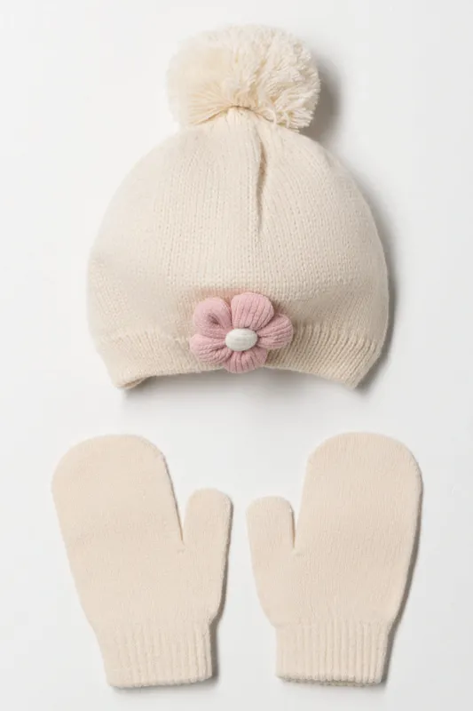 Flower Beanie And Mittens Set Natural sold by Ackermas