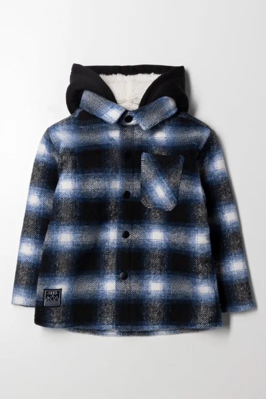 Hooded Check Shacket Navy sold by Ackermas