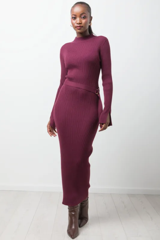 Long Sleeve Belted Dress Burgundy sold by Ackermas