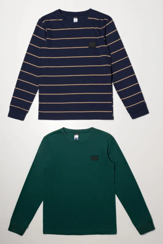 2 Pack Stripe Long Sleeve T-Shirts Navy And Dark Green sold by Ackermas