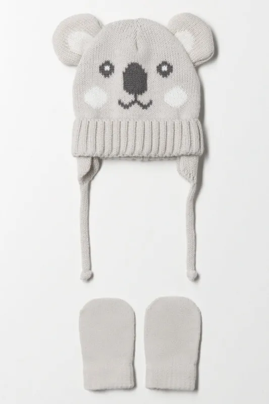 Koala Beanie And Mittens Set Light Grey sold by Ackermas