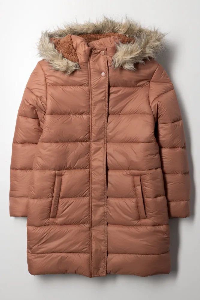 Long Hooded Puffer Jacket Brown sold by Ackermas