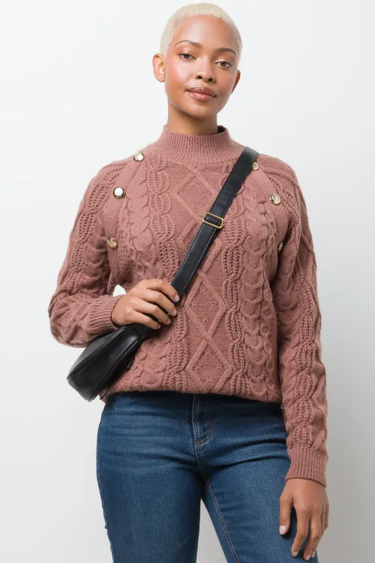 Buttoned Cable Knit Jersey  Brown sold by Ackermas