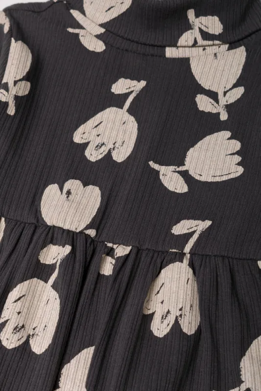 Rib Floral Poloneck Fit & Flare Dress Dark Grey sold by Ackermas