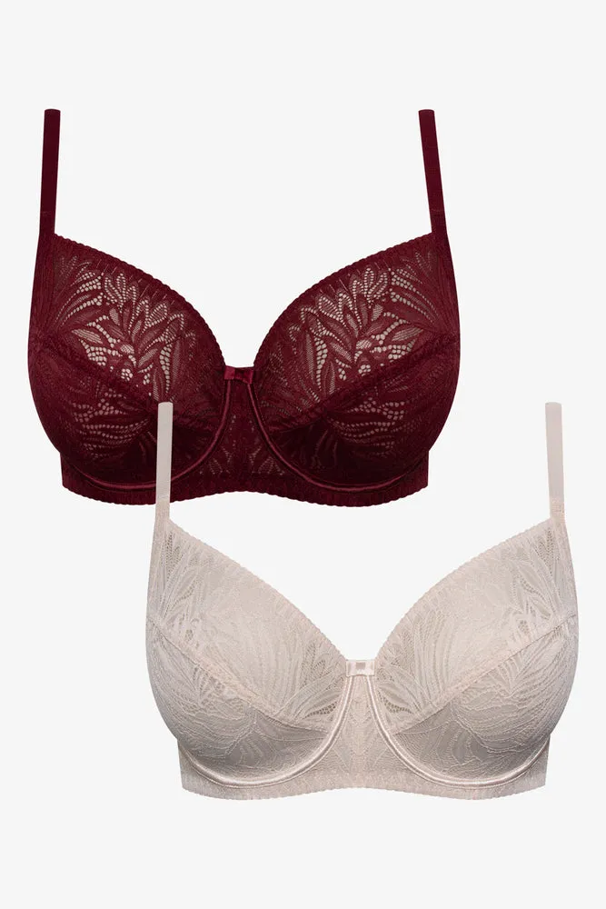 Plus Size 2 Pack Lace Non Padded Underwire Bras Burgundy And Natural sold by Ackermas