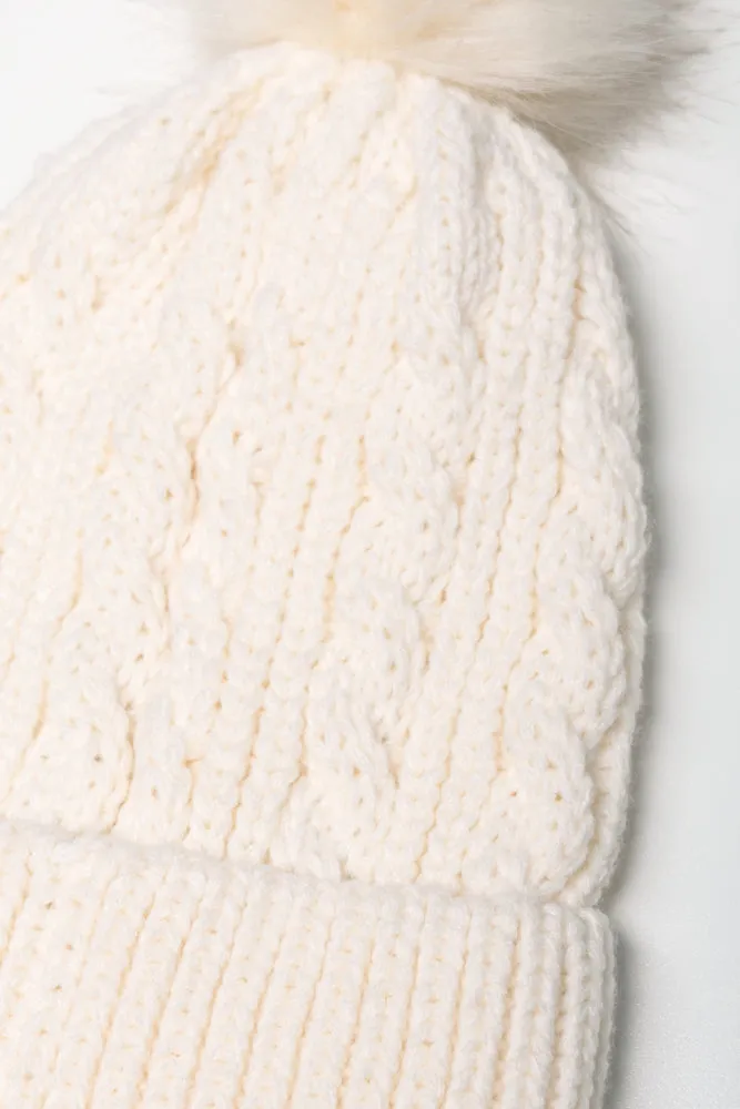 Faux Fur Pom Pom Chunky Knit Beanie Cream sold by Ackermas product image thumbnail 2