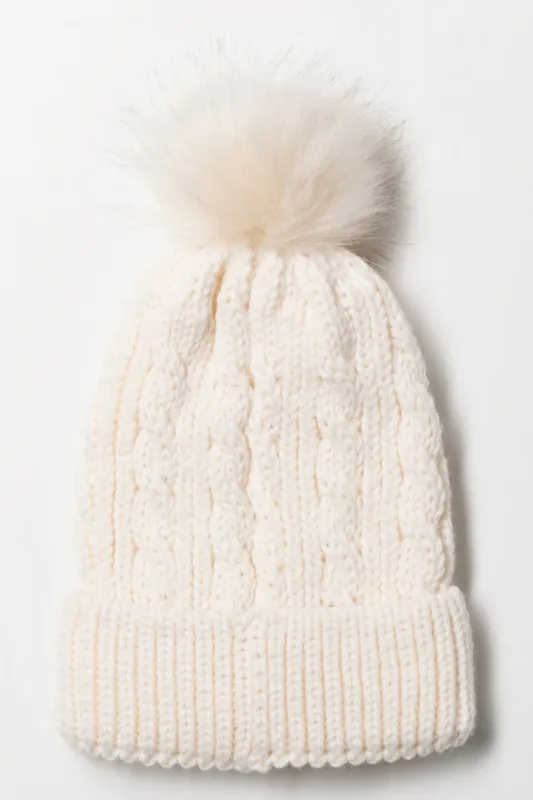 Faux Fur Pom Pom Chunky Knit Beanie Cream sold by Ackermas