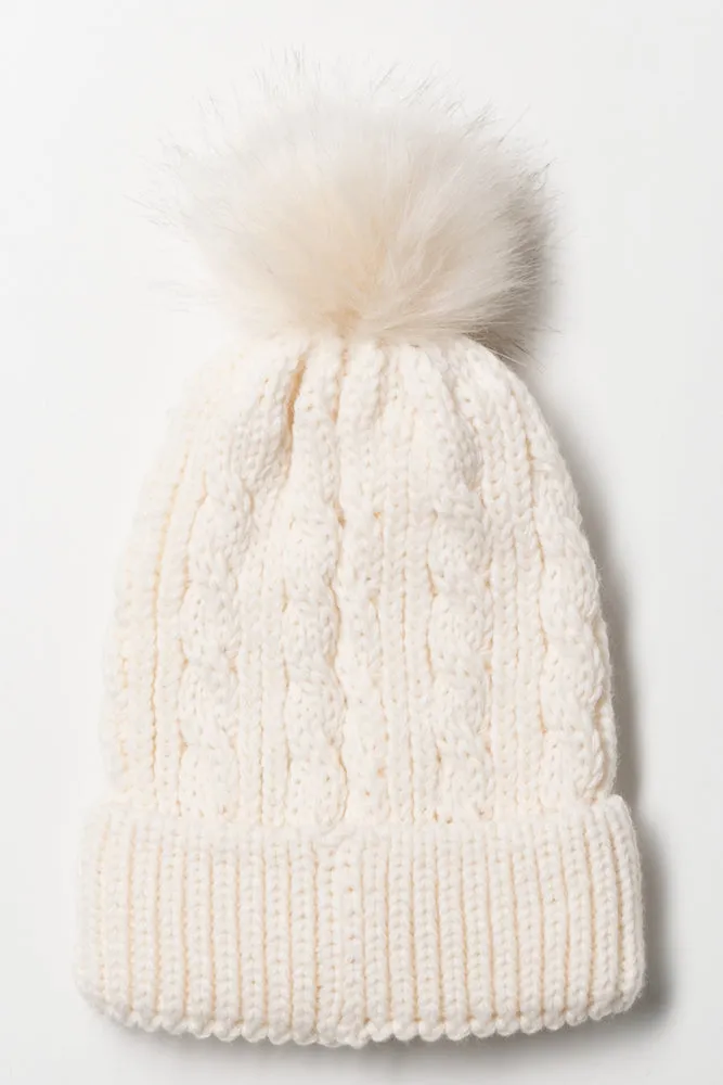 Faux Fur Pom Pom Chunky Knit Beanie Cream sold by Ackermas