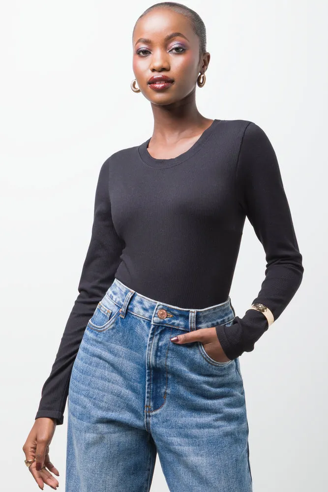 Rib Seamless Long Sleeve Bodysuit Black sold by Ackermas