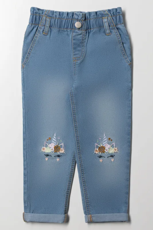 Unicorn Embroidered Denim Mom Jeans Blue sold by Ackermas