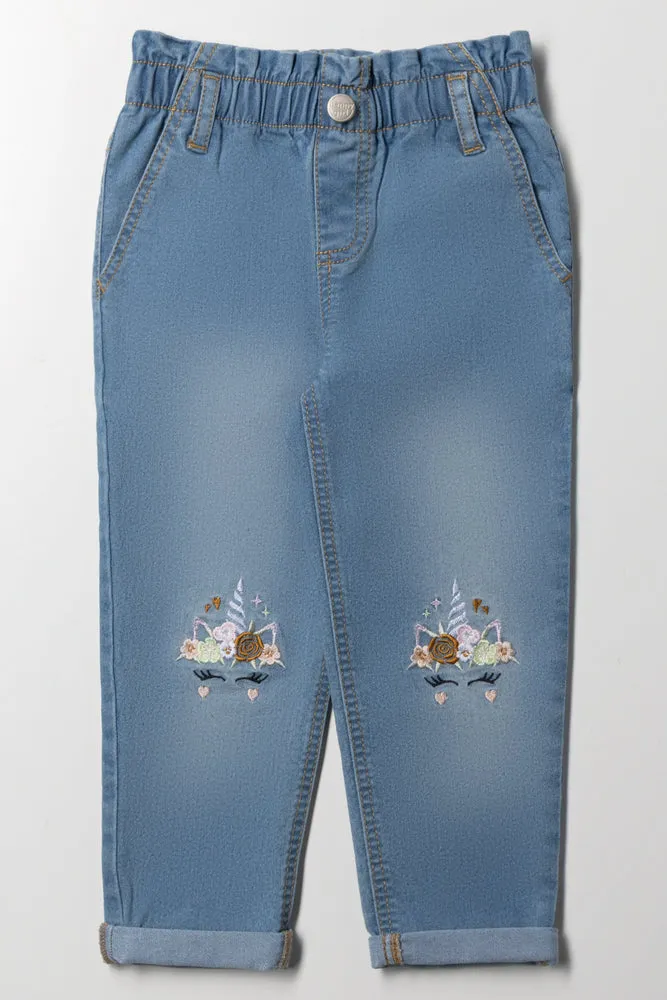 Unicorn Embroidered Denim Mom Jeans Blue sold by Ackermas