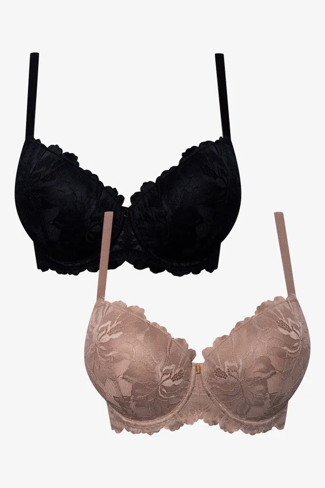 Plus Size 2 Pack Lace Balconette Bras Black And Natural sold by Ackermas