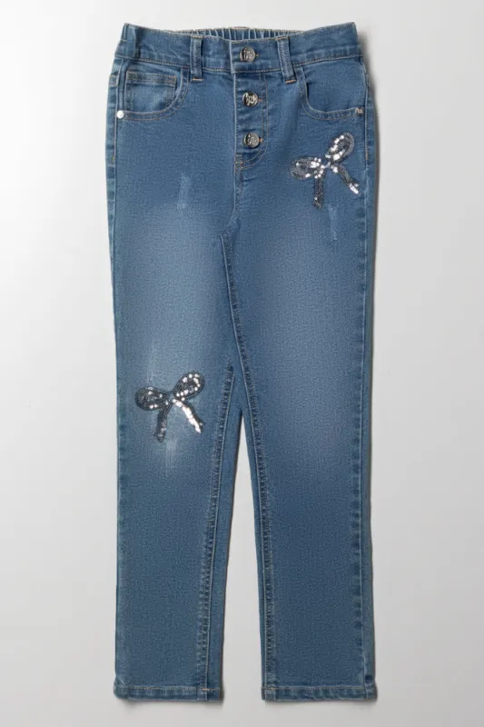 Sequin Bow Skinny Denim Blue sold by Ackermas