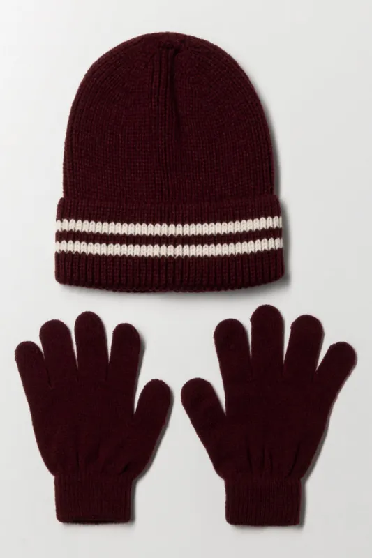 Stripe Beanie And Gloves Set Burgundy sold by Ackermas