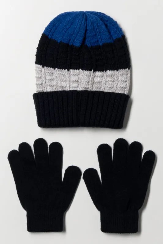Stripe Beanie And Gloves Set Grey And Navy sold by Ackermas
