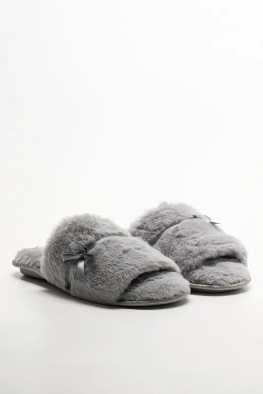 Satin Bow Open Toe Slippers Grey sold by Ackermas