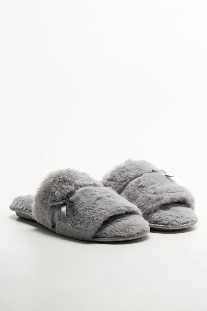 Satin Bow Open Toe Slippers Grey sold by Ackermas