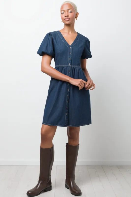 Puff Sleeve Fit And Flare Denim Dress sold by Ackermas