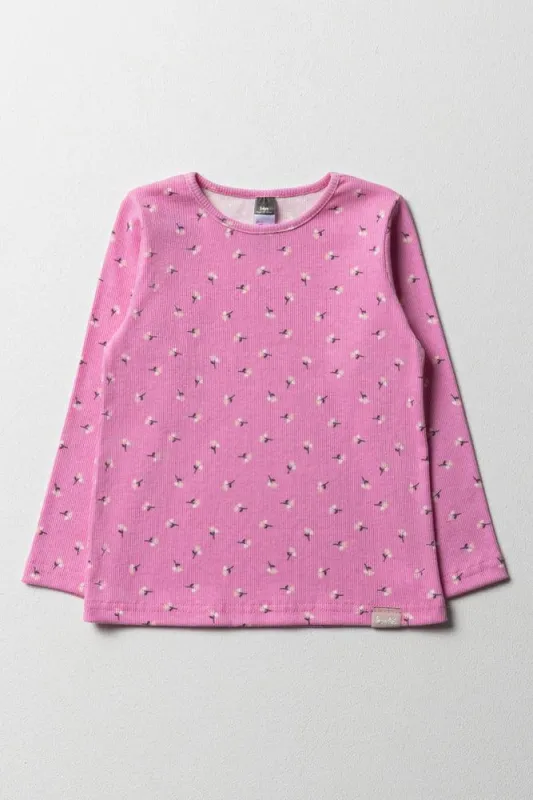 Floral Rib Long Sleeve T-Shirt Bright Pink sold by Ackermas