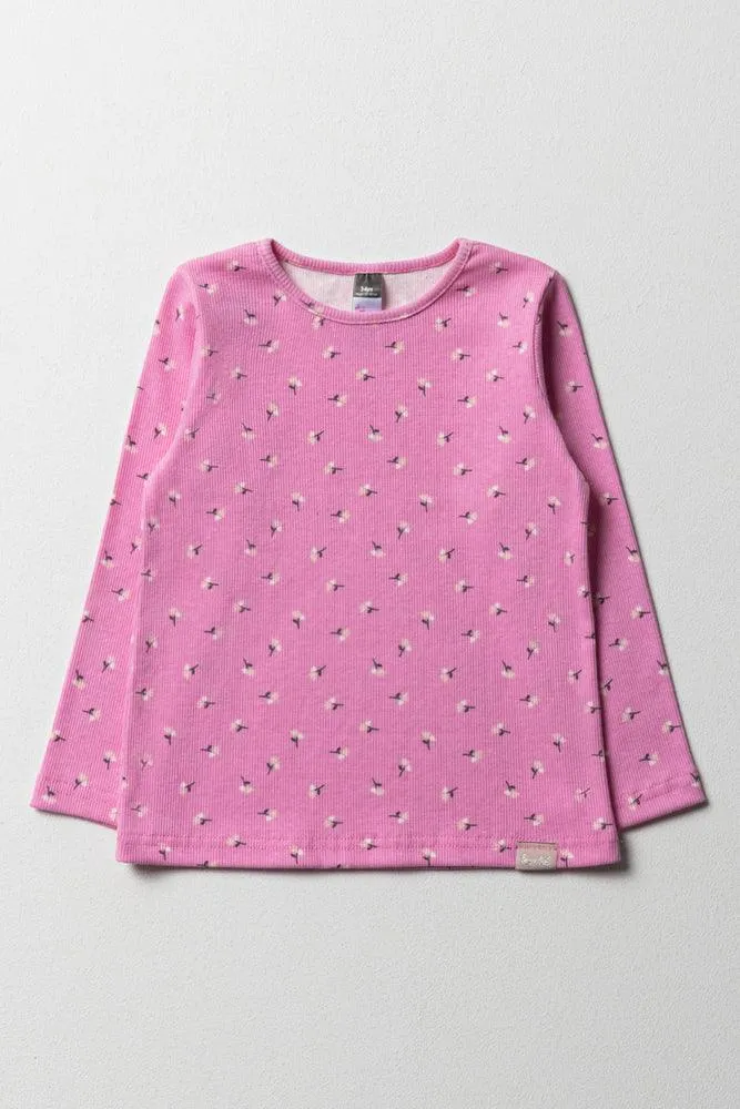 Floral Rib Long Sleeve T-Shirt Bright Pink sold by Ackermas