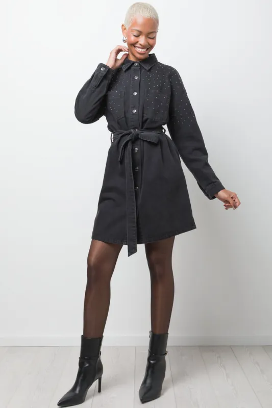 Belted Denim Dress With Sequins Black sold by Ackermas