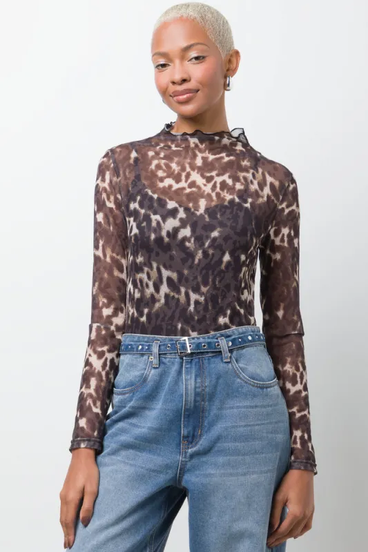 Leopard Print Long Sleeve Mesh Bodysuit Brown sold by Ackermas