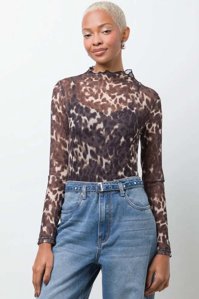 Leopard Print Long Sleeve Mesh Bodysuit Brown sold by Ackermas