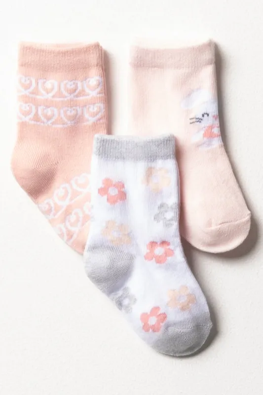 SOFT PINK FLOWER BUNNY 3PK TG SOCKS sold by Ackermas