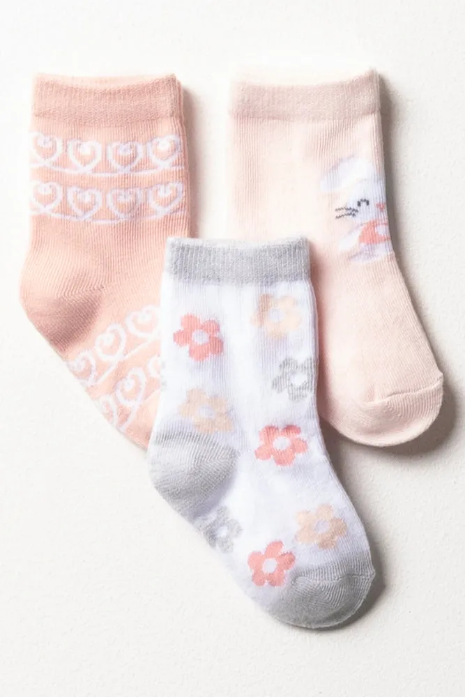 SOFT PINK FLOWER BUNNY 3PK TG SOCKS sold by Ackermas