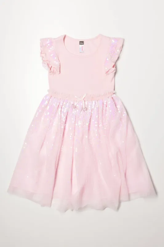 Sequin Fit And Flare Mesh Combo Dress Light Pink sold by Ackermas