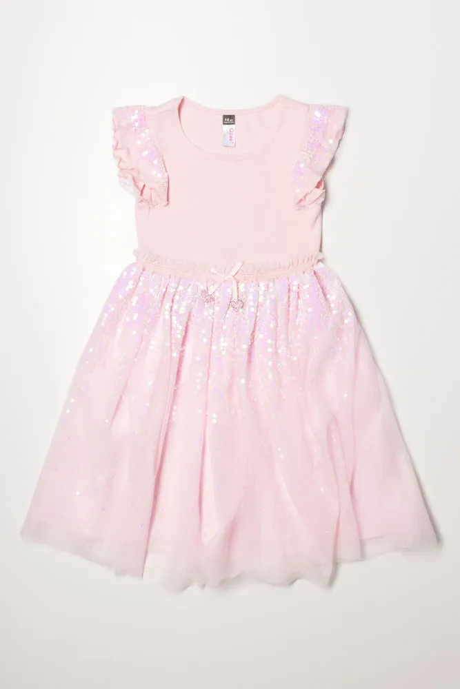 Sequin Fit And Flare Mesh Combo Dress Light Pink sold by Ackermas