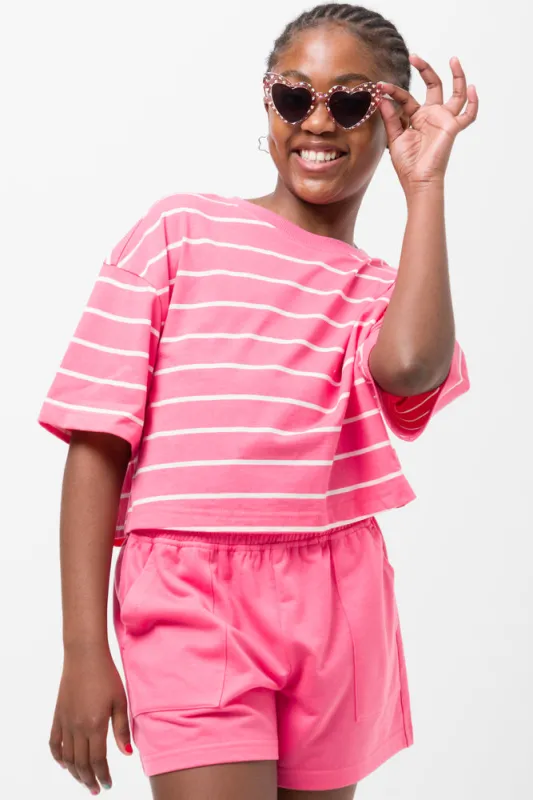 BOXY DROPPED SHOULDER T-SHIRT CAMELLIA ROSE STRIPE sold by Ackermas