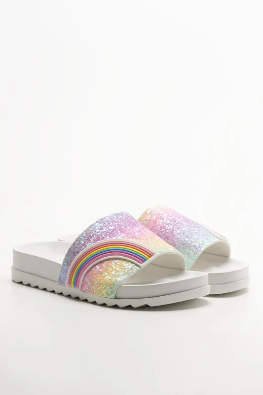 Rainbow Glitter Slides White sold by Ackermas