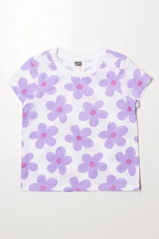 Floral Short Sleeve T-Shirt White And Purple sold by Ackermas