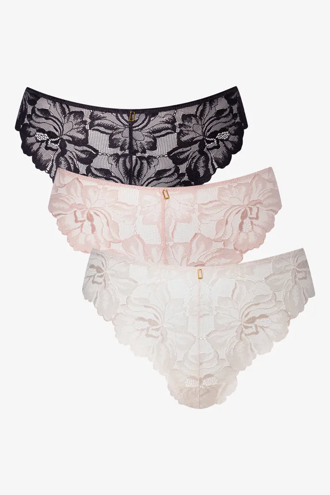 3 Pack Lace Thong Black, Pink And Natural sold by Ackermas